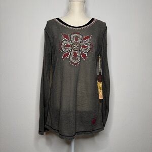 Double D Ranch Tee Gray Red Embroidered Cross Cotton Blend NWT Size L